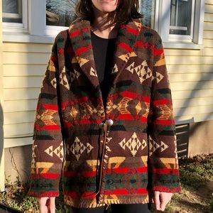 Ralph Lauren Hand Knit Tribal Aztec Shawl collar Wool Sweater